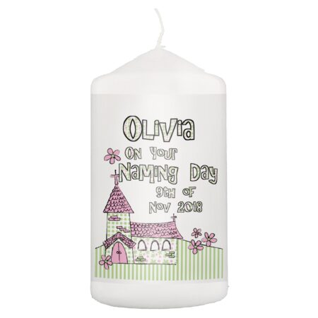 Personalised Pink Church Pillar Candle: 2 - Candles By Gift Moments