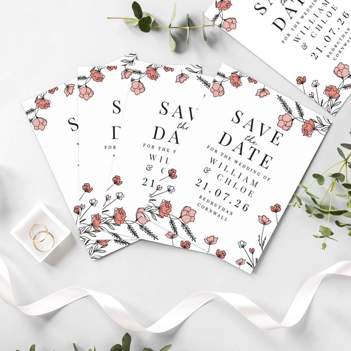 Personalised pink floral set 36 wedding save dates