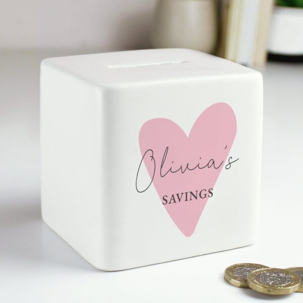 Personalised Pink Heart Ceramic Square Money Box: 1 - Money Boxes By Gift Moments