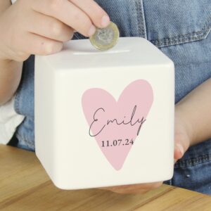 Personalised Pink Heart Ceramic Square Money Box: 4 - Money Boxes By Gift Moments