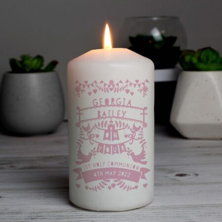 Personalised Pink Papercut Style Pillar Candle: 2 - Candles By Gift Moments