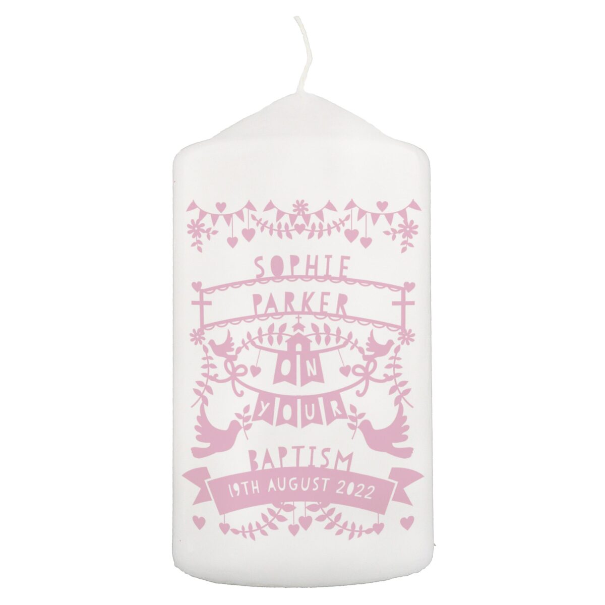 Personalised Pink Papercut Style Pillar Candle: 3 - Candles By Gift Moments