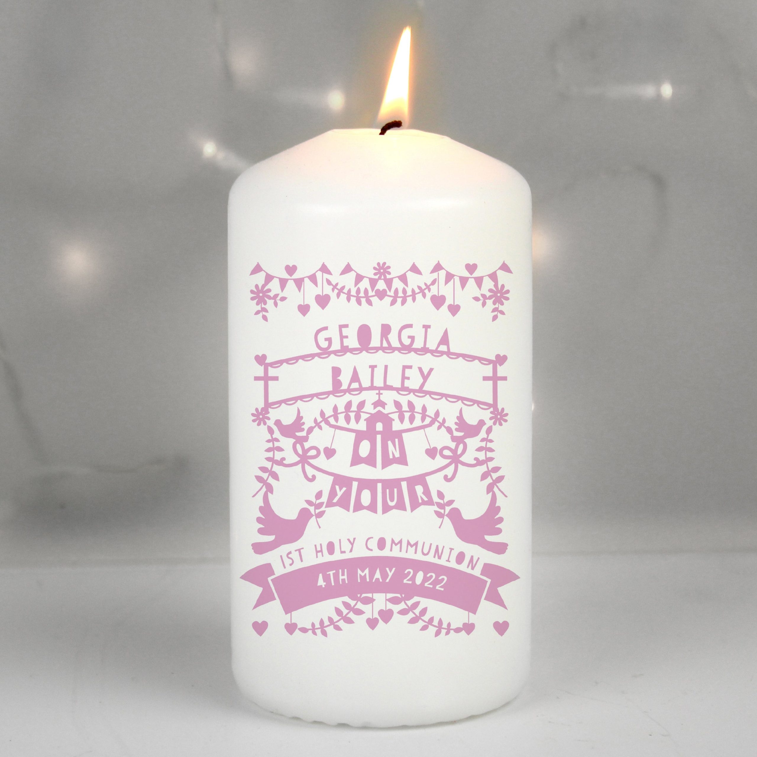 Personalised Pink Papercut Style Pillar Candle: 1 - Candles By Gift Moments