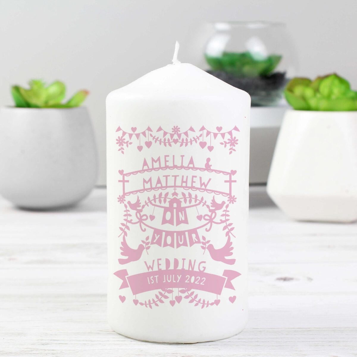 Personalised Pink Papercut Style Pillar Candle: 5 - Candles By Gift Moments