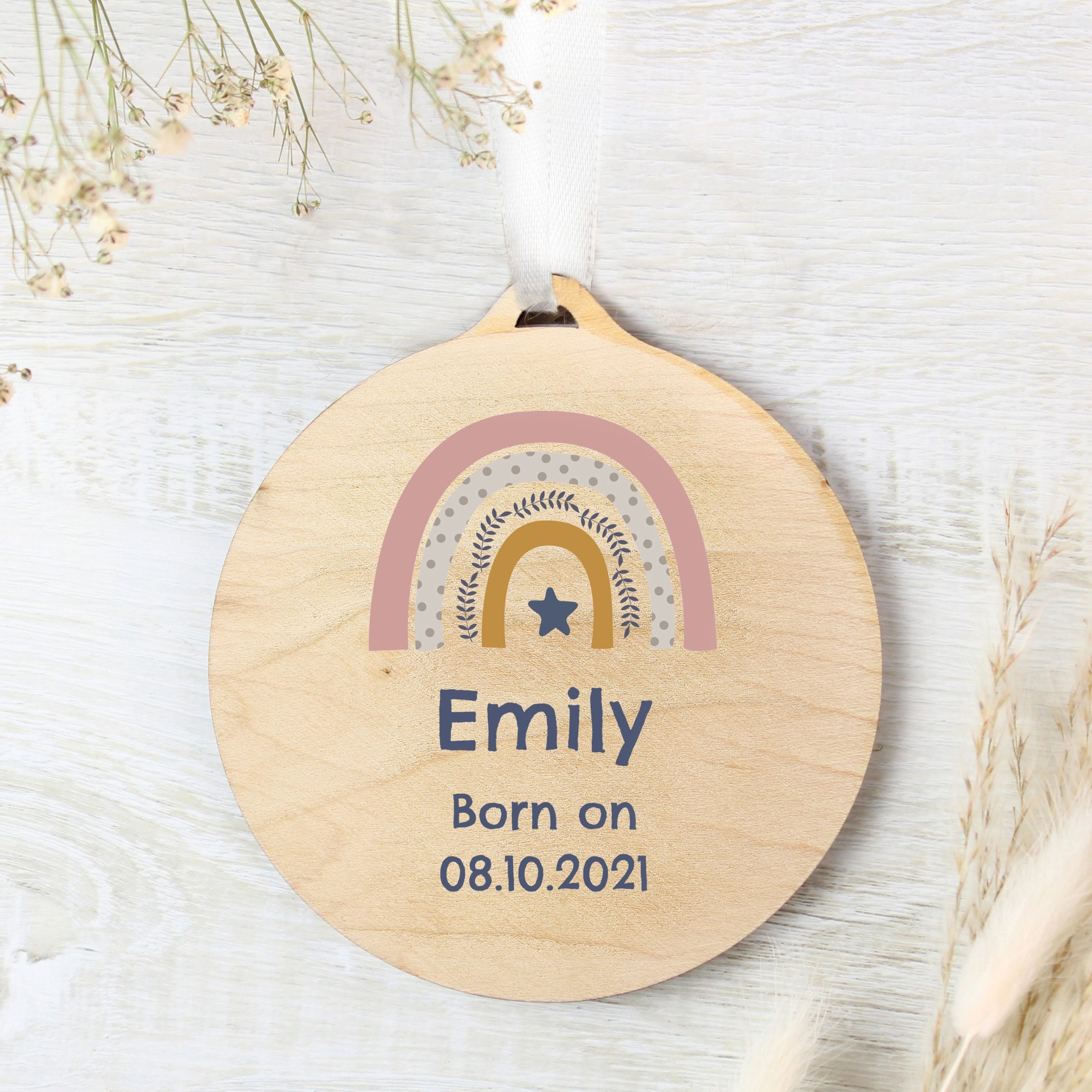 Personalised Pink Rainbow Round Wooden Decoration: 1 - Decorations By Gift Moments