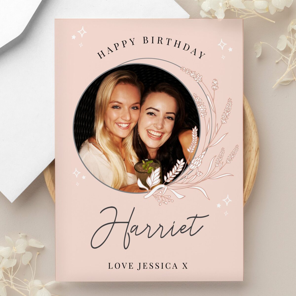 Personalised Pink Wreath Photo Upload Greeting Card: 1 - Greeting Cards By Gift Moments