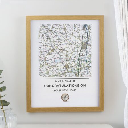 Personalised Present Day Map Compass Framed Prints: 1 - Oak - Framed Prints By Gift Moments
