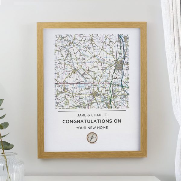 Personalised Present Day Map Compass Framed Prints: 1 - Oak - Framed Prints By Gift Moments