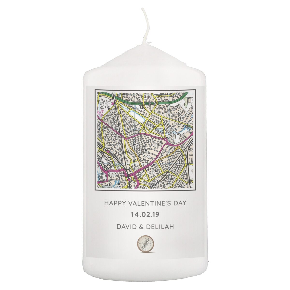 Personalised Present Day Map Compass Pillar Candle: 2 - Candles By Gift Moments