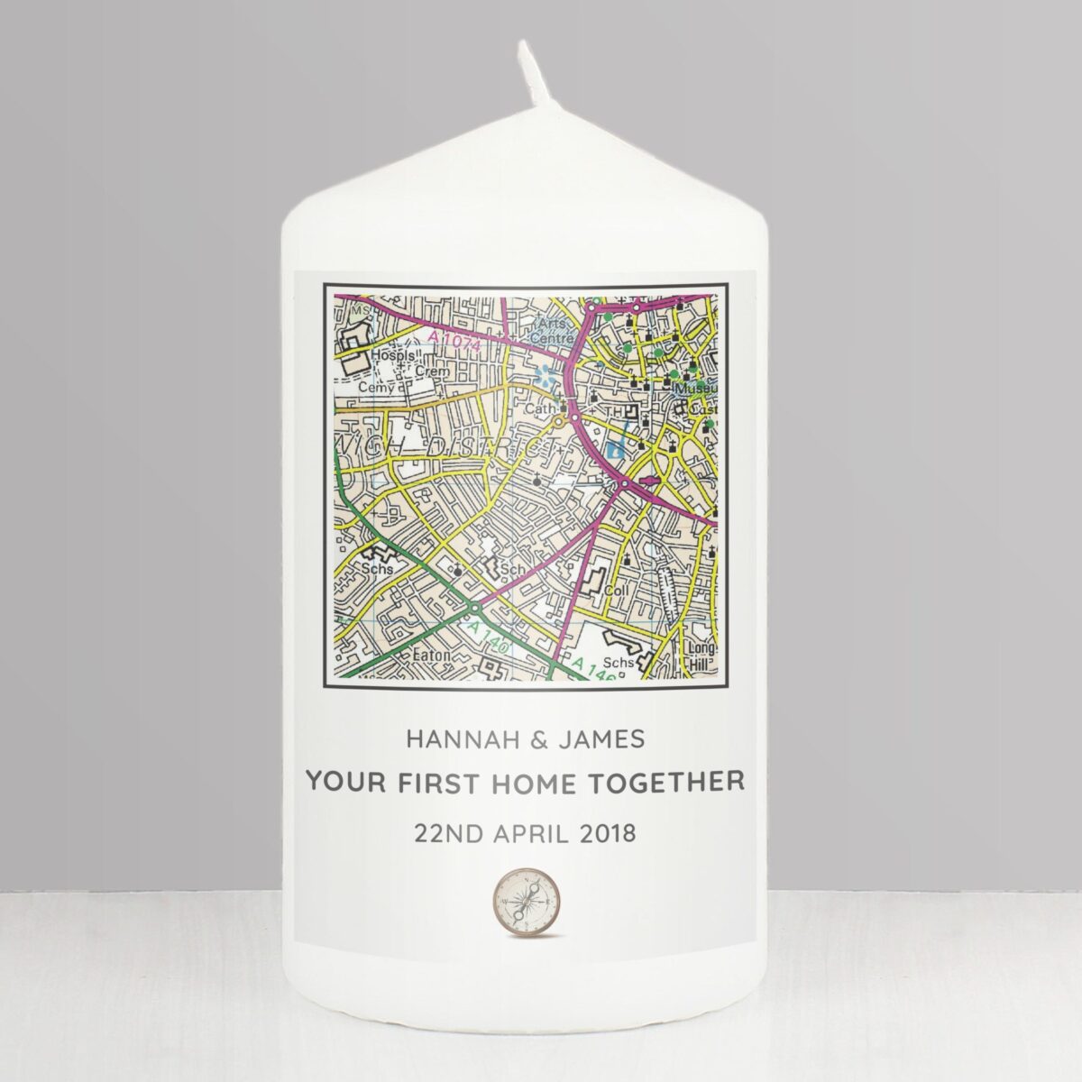 Personalised Present Day Map Compass Pillar Candle: 1 - Candles By Gift Moments