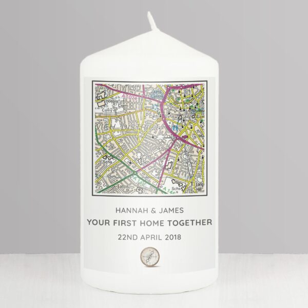 Personalised Present Day Map Compass Pillar Candle: 1 - Candles By Gift Moments