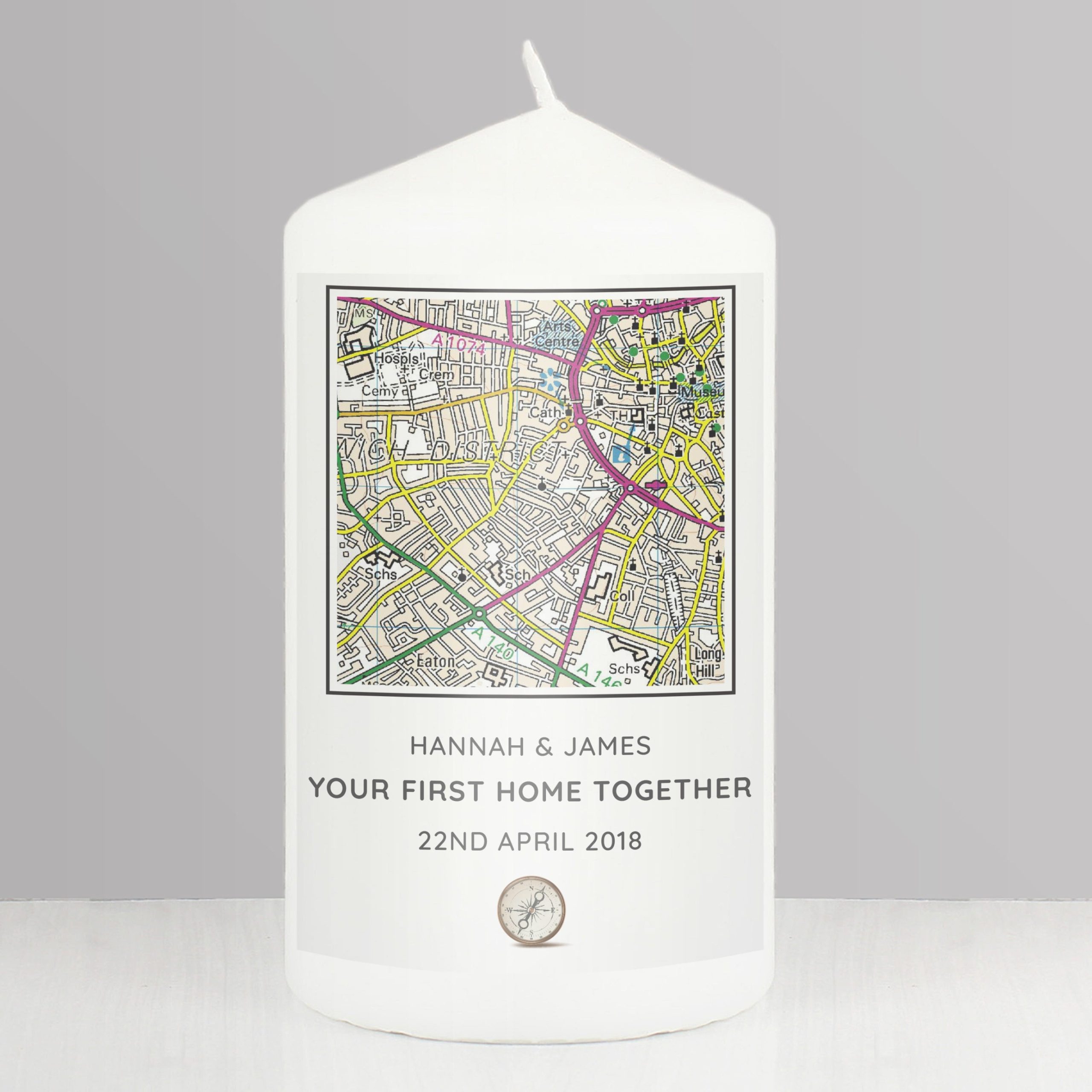 Personalised Present Day Map Compass Pillar Candle: 1 - Candles By Gift Moments