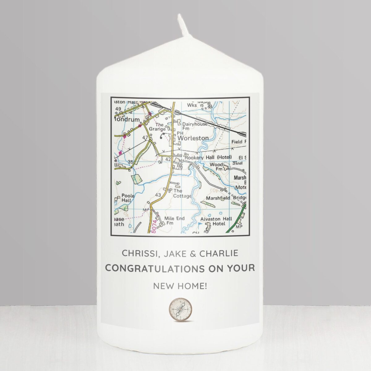Personalised Present Day Map Compass Pillar Candle: 3 - Candles By Gift Moments