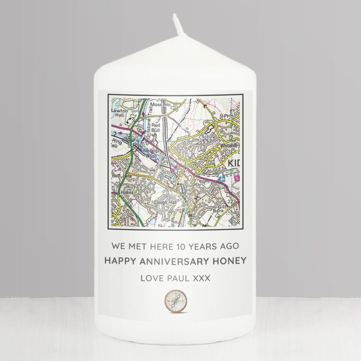 Personalised Present Day Map Compass Pillar Candle: 4 - Candles By Gift Moments