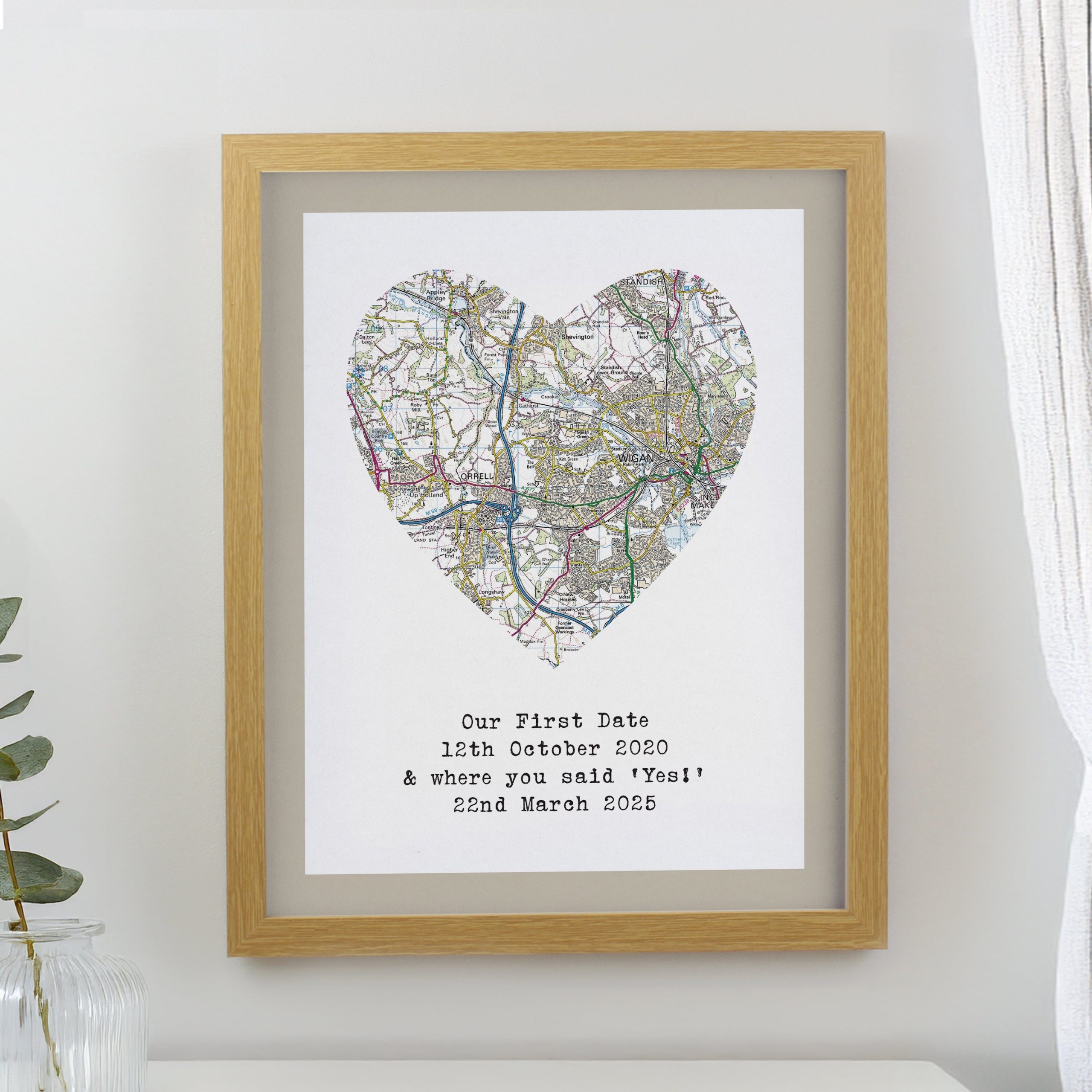 Personalised Present Day Map Heart Framed Prints: 1 - Oak - Framed Prints By Gift Moments