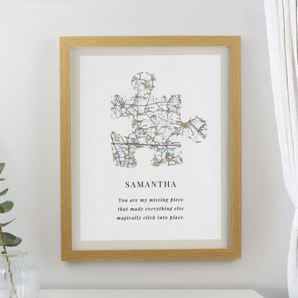 Personalised Present Day Map Puzzle Piece Framed Prints: 1 - Oak - Framed Prints By Gift Moments