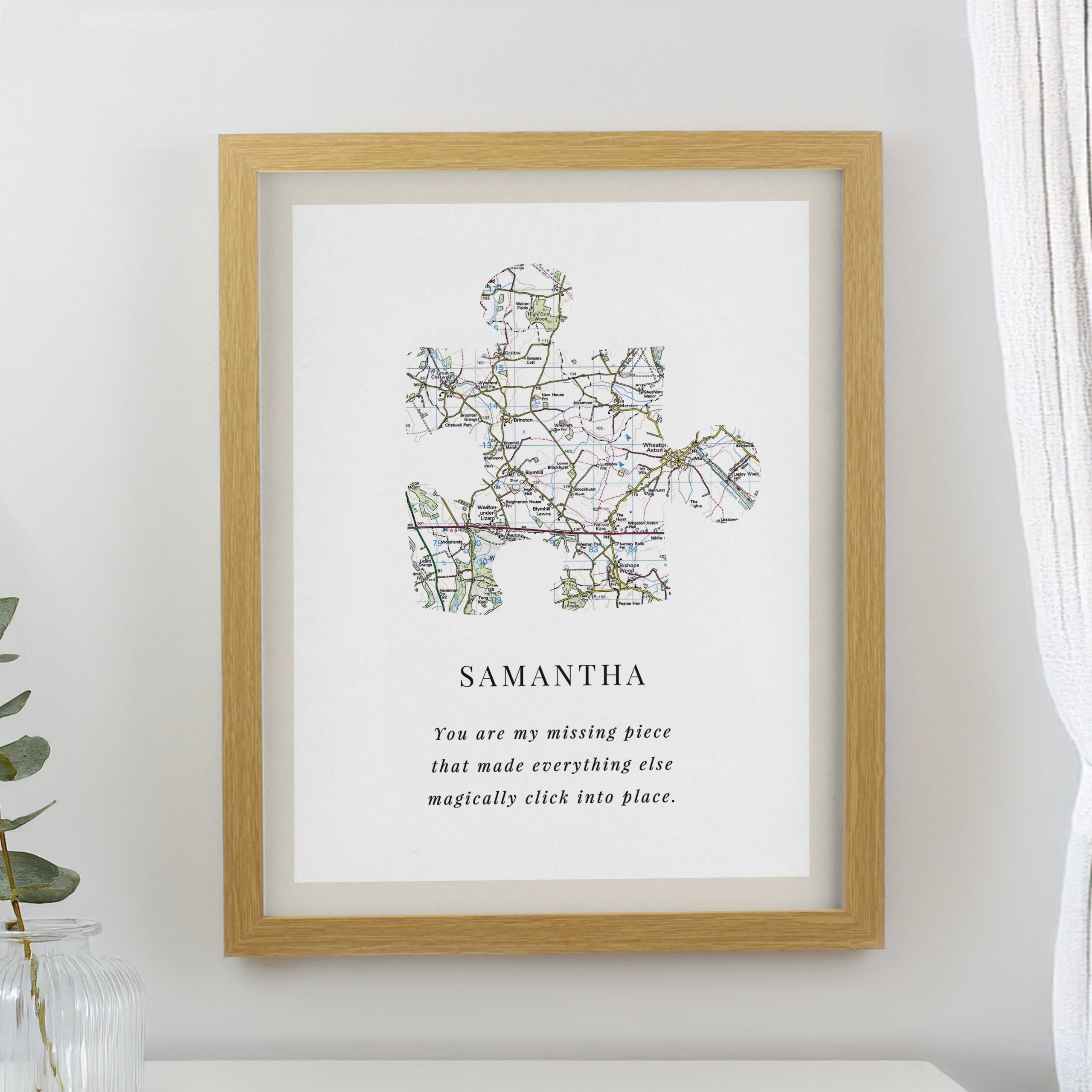Personalised Present Day Map Puzzle Piece Framed Prints: 1 - Oak - Framed Prints By Gift Moments