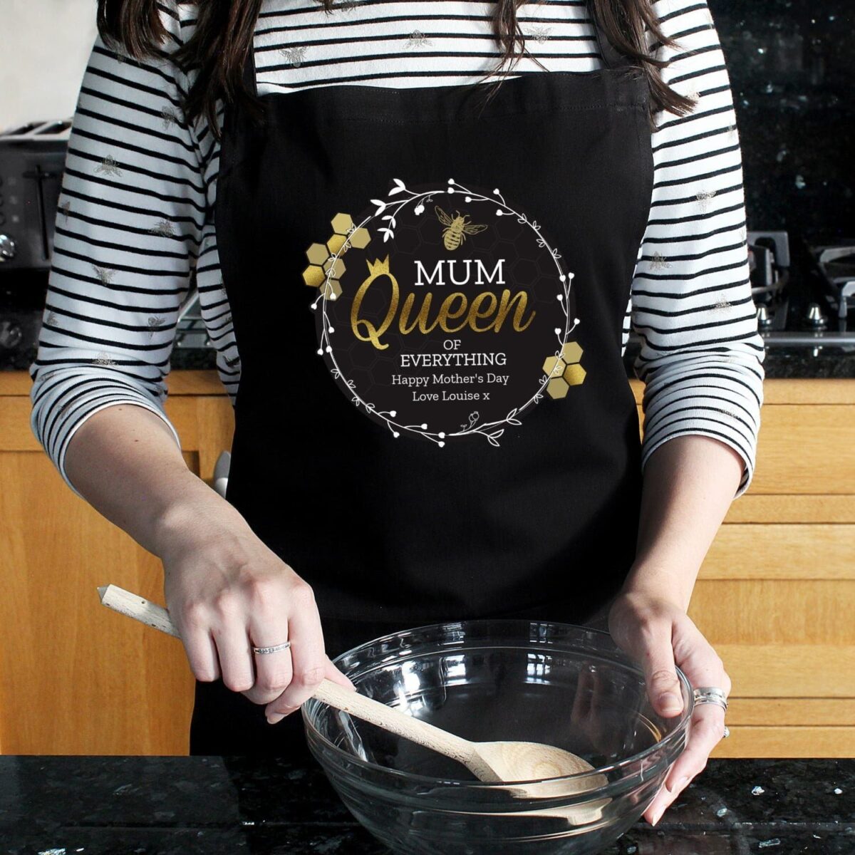 Personalised Queen Bee Black Apron: 3 - Aprons By Gift Moments
