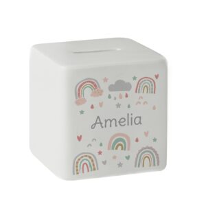 Personalised Rainbow Ceramic Square Money Box: 5 - Money Boxes By Gift Moments