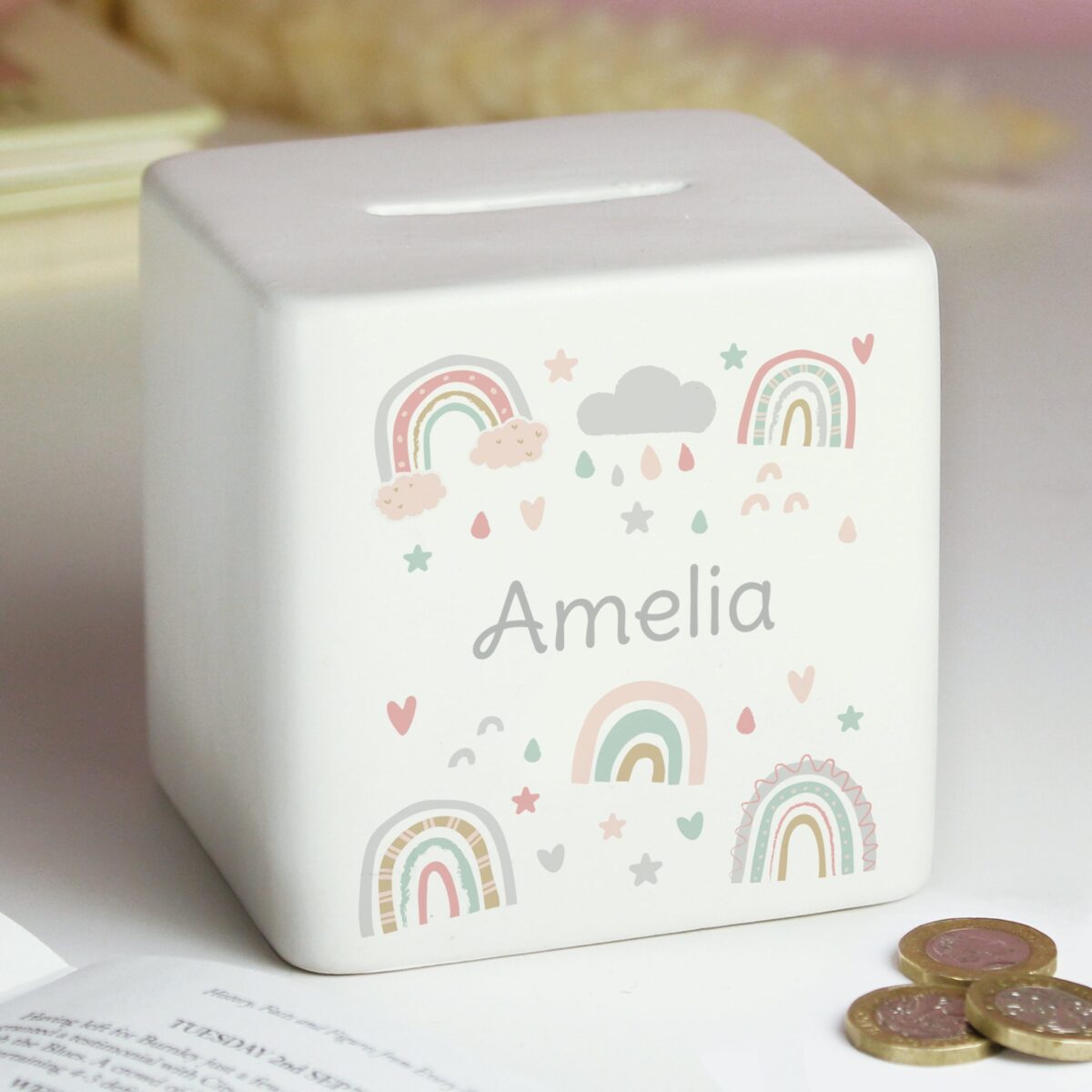 Personalised Rainbow Ceramic Square Money Box: 2 - Money Boxes By Gift Moments