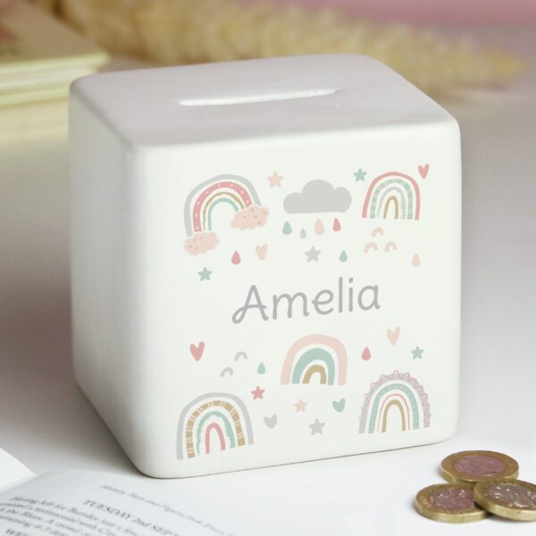 Personalised Rainbow Ceramic Square Money Box: 2 - Money Boxes By Gift Moments