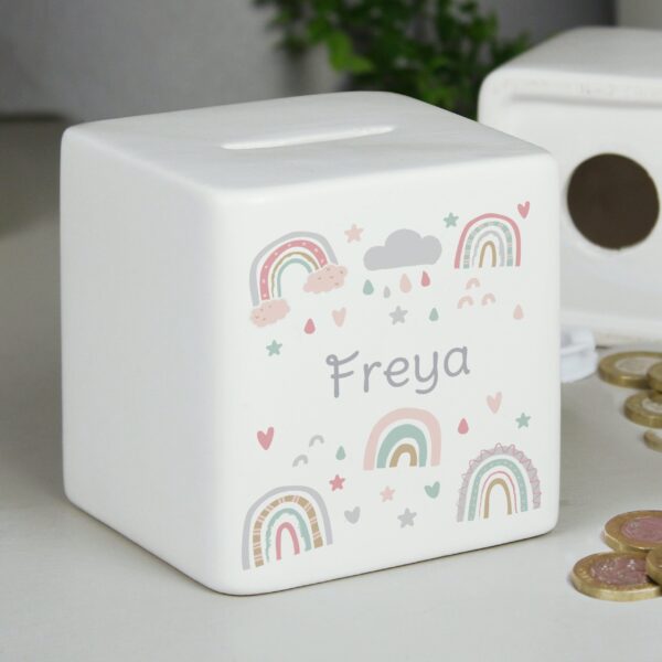 Personalised Rainbow Ceramic Square Money Box: 1 - Money Boxes By Gift Moments
