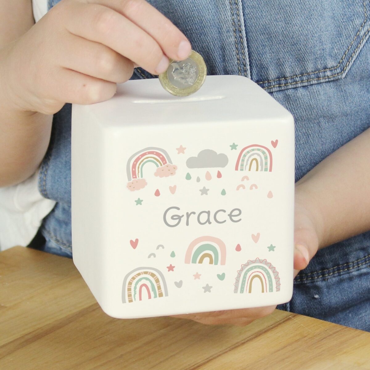 Personalised Rainbow Ceramic Square Money Box: 3 - Money Boxes By Gift Moments