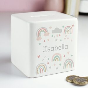 Personalised Rainbow Ceramic Square Money Box: 4 - Money Boxes By Gift Moments