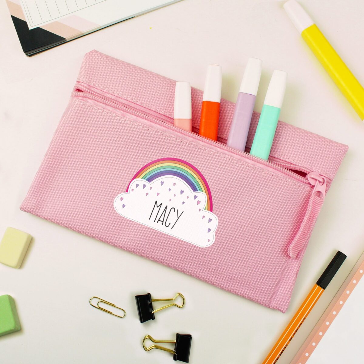 Personalised rainbow pink pencil case