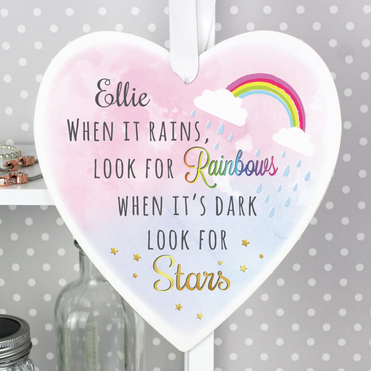 Personalised Rainbows and Stars Large Wooden Heart Decoration: 3 - Decorations By Gift Moments