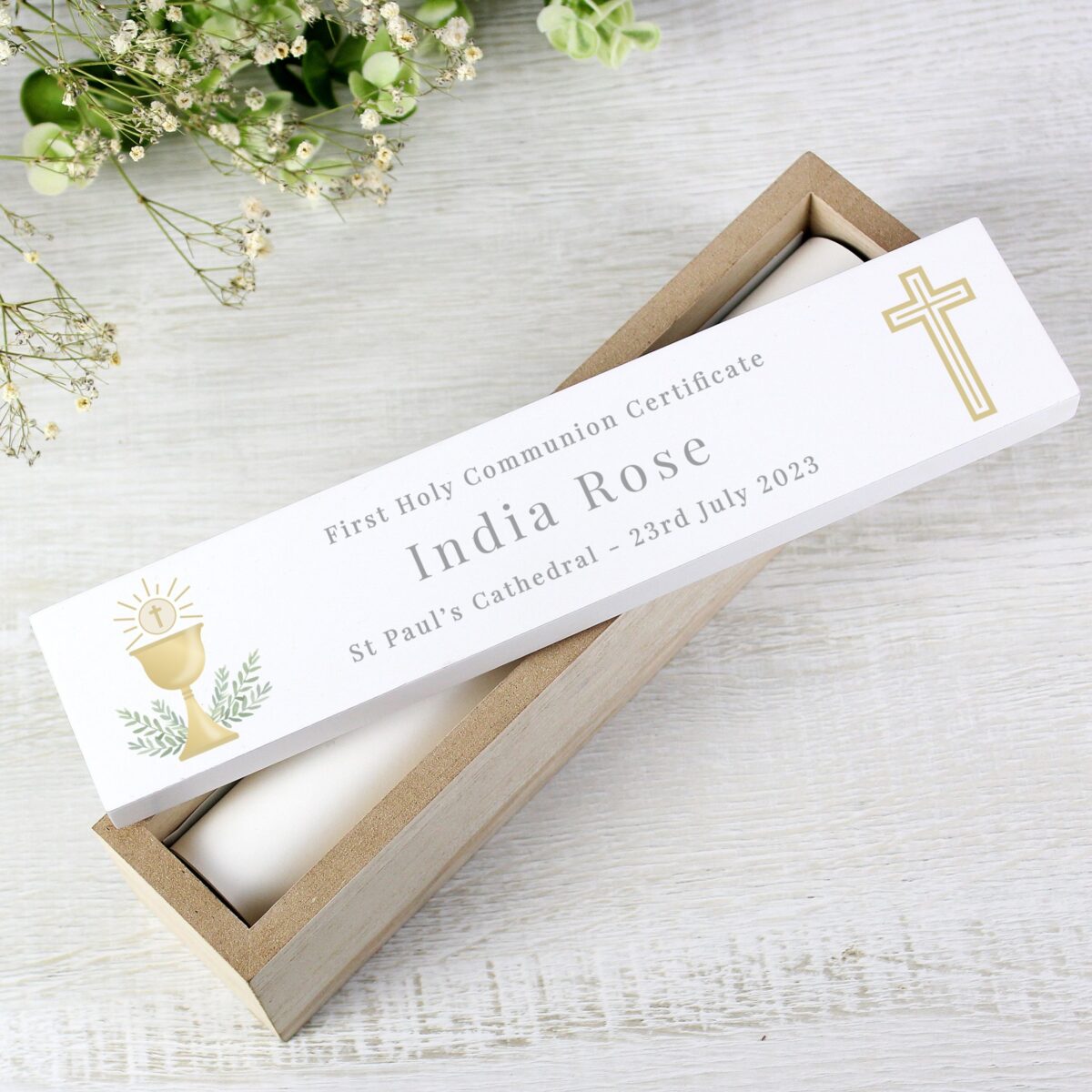 Personalised religious wooden certificate holder