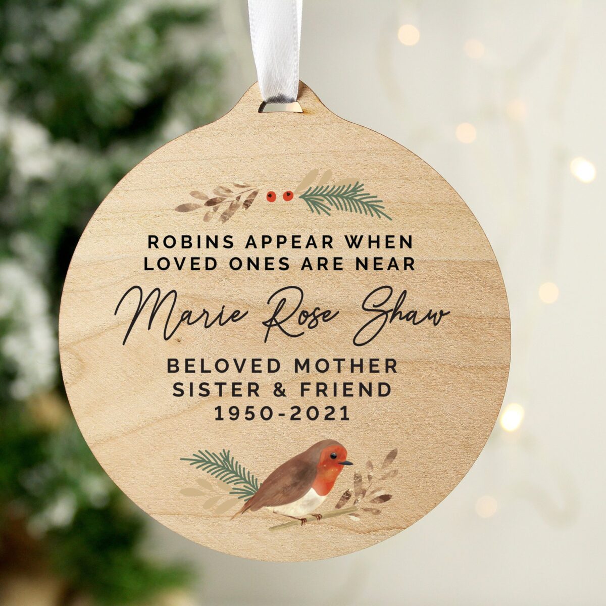 Personalised Robin Memorial Round Wooden Decoration: 3 - Decorations By Gift Moments