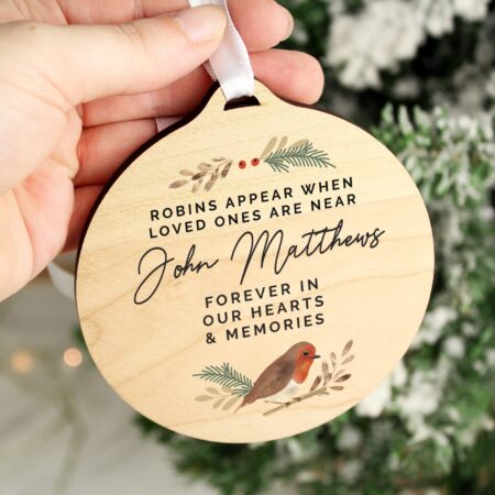 Personalised Robin Memorial Round Wooden Decoration: 2 - Decorations By Gift Moments
