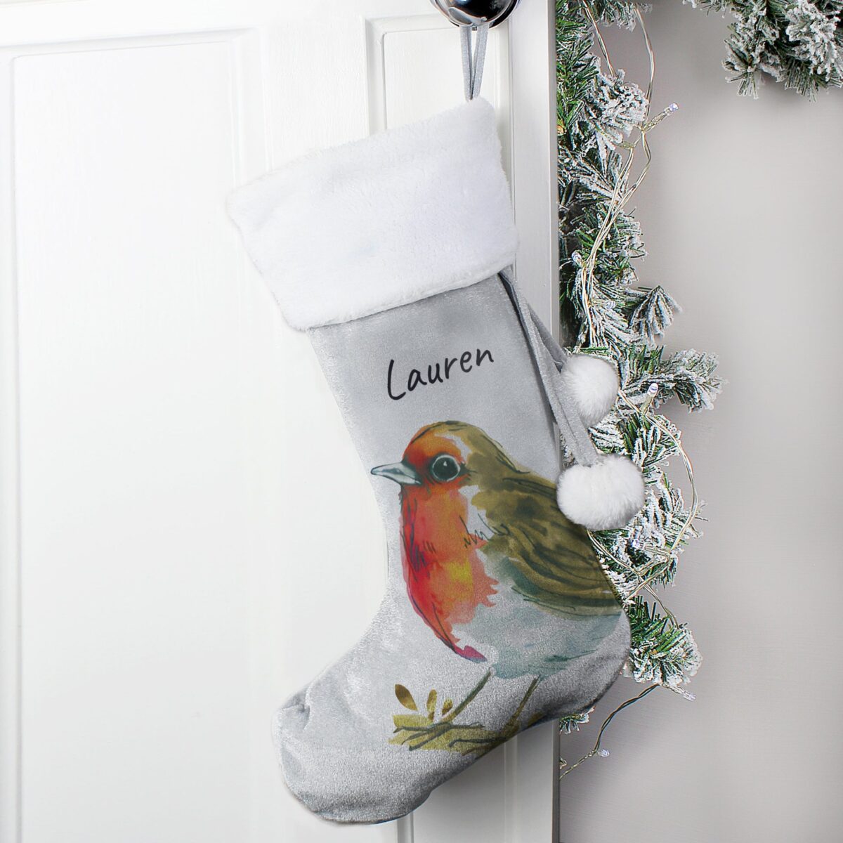 Personalised Robin Silver Grey Stocking: 1 - Christmas Stockings By Gift Moments