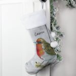 Personalised Robin Silver Grey Stocking: 1 - Christmas Stockings By Gift Moments