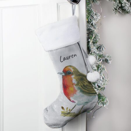 Personalised Robin Silver Grey Stocking: 1 - Christmas Stockings By Gift Moments
