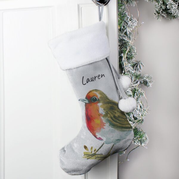 Personalised Robin Silver Grey Stocking: 1 - Christmas Stockings By Gift Moments