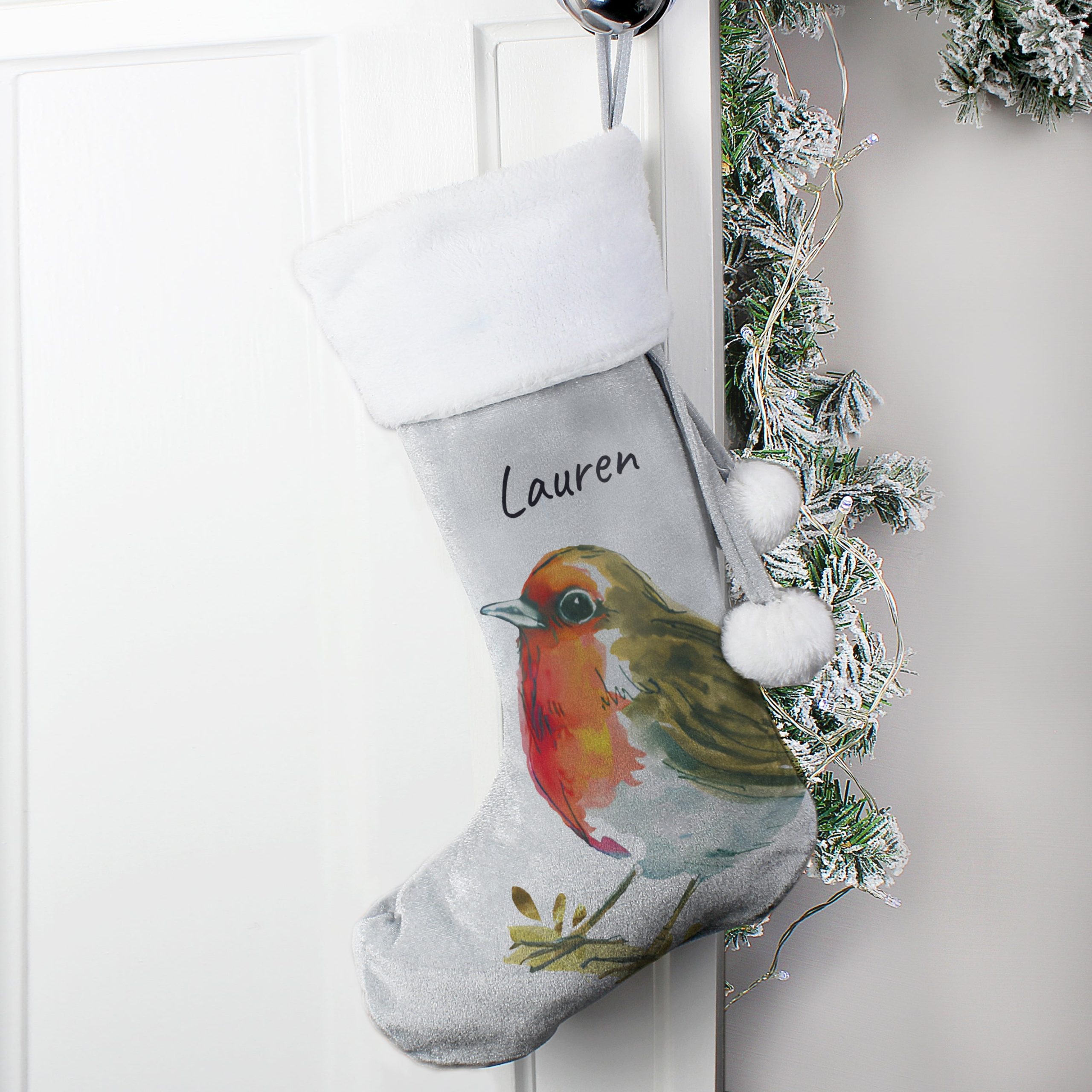 Personalised Robin Silver Grey Stocking: 1 - Christmas Stockings By Gift Moments