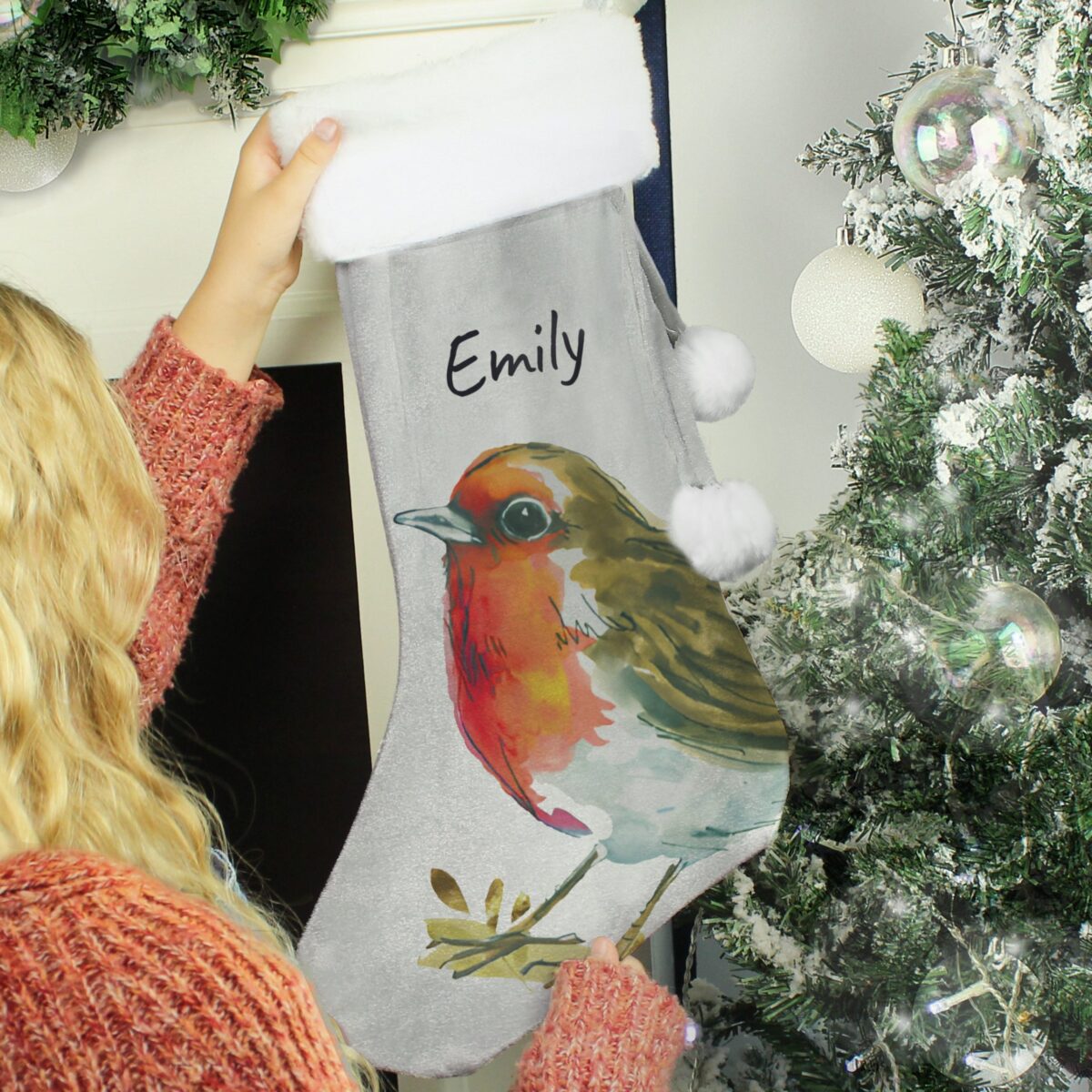 Personalised Robin Silver Grey Stocking: 2 - Christmas Stockings By Gift Moments