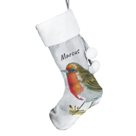 Personalised Robin Silver Grey Stocking: 4 - Christmas Stockings By Gift Moments