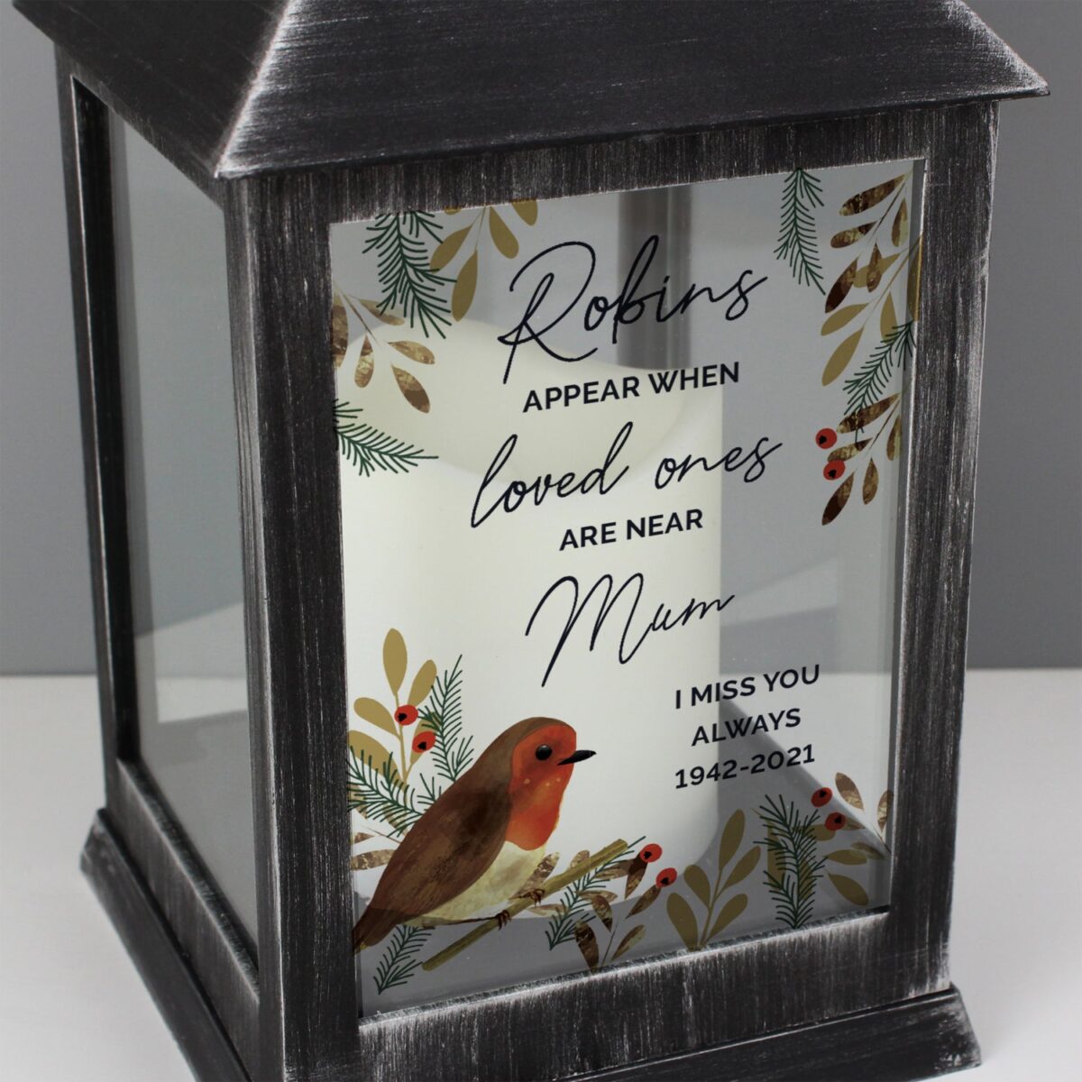 Personalised Robins Appear.. Memorial Black Lantern: 3 - LED Lighting By Gift Moments