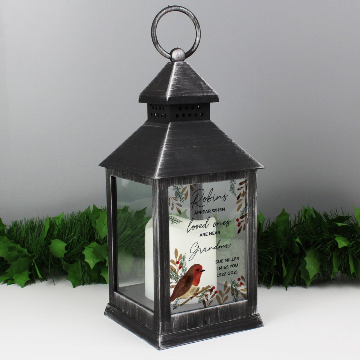Personalised Robins Appear.. Memorial Black Lantern: 4 - LED Lighting By Gift Moments