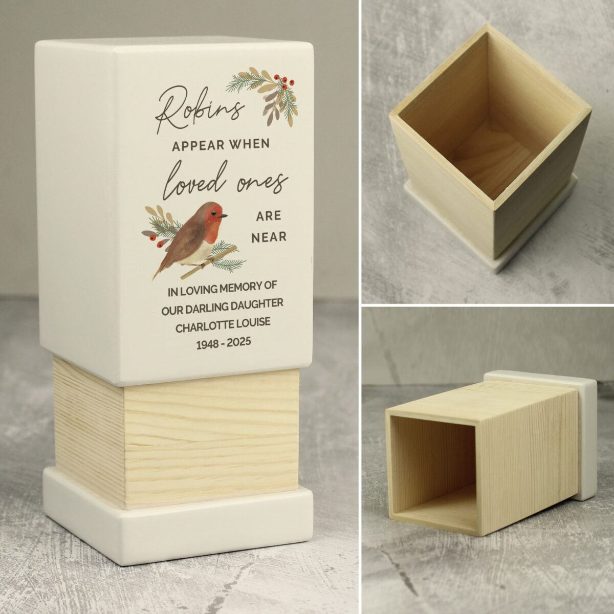 Personalised robins appear small wooden urn