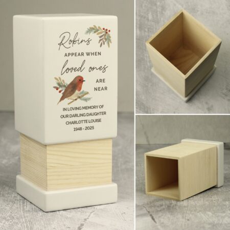 Personalised robins appear small wooden urn