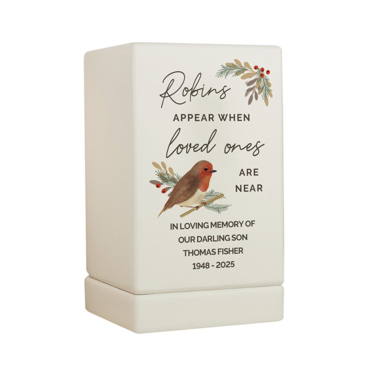 Personalised robins appear small wooden urn
