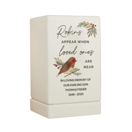 Personalised robins appear small wooden urn