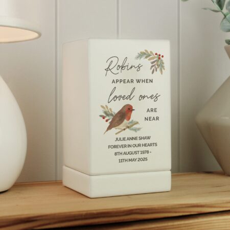 Personalised robins appear small wooden urn