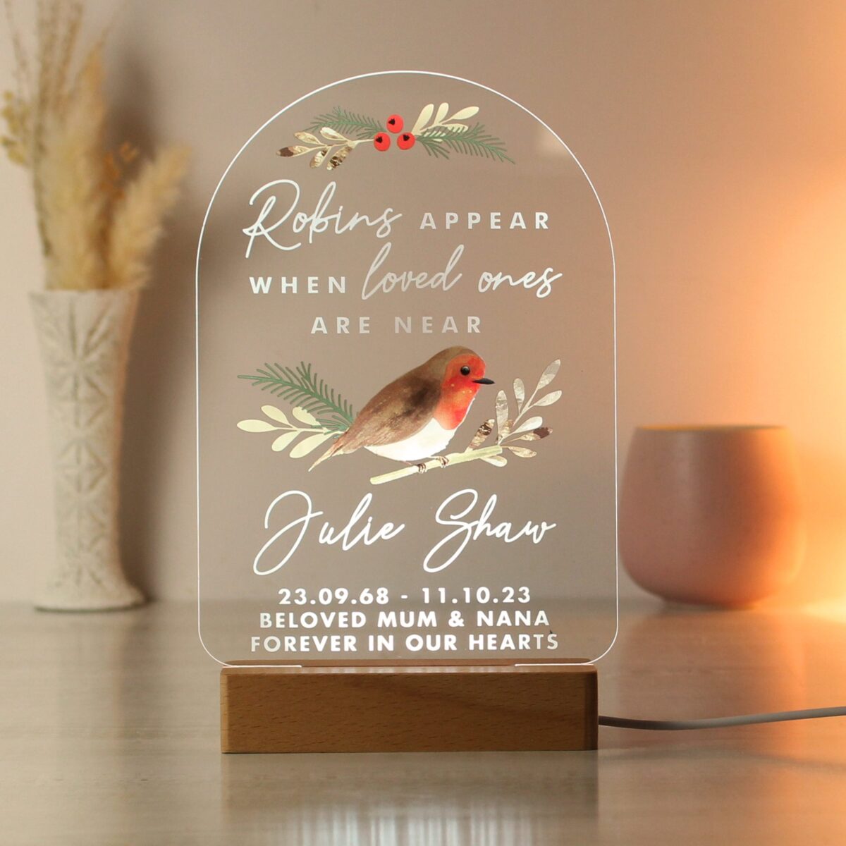 Personalised Robins Appear Wooden Based LED Light: 2 - LED Lighting By Gift Moments