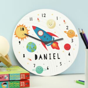 Personalised Rocket in Space Large Wooden Clock: 2 - Clocks By Gift Moments
