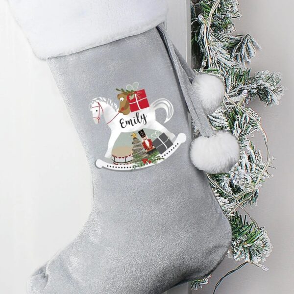 Personalised Rocking Horse Luxury Silver Grey Stocking: 1 - Christmas Stockings By Gift Moments